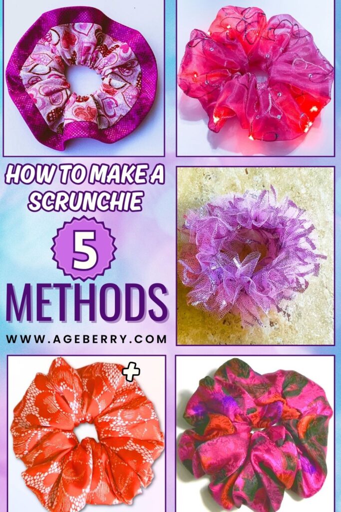 Collage showing five types of scrunchies: a scrunchie with lights, a regular sewn scrunchie, a no-sew scrunchie, an oversized scrunchie, and a scrunchie with a hidden zipper.
