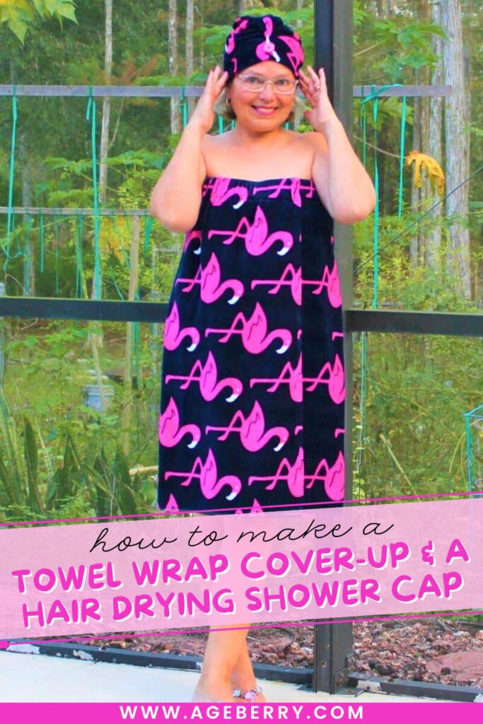 Woman wearing a matching DIY towel wrap cover-up and hair-drying shower cap made from black fabric with bright pink flamingo designs.