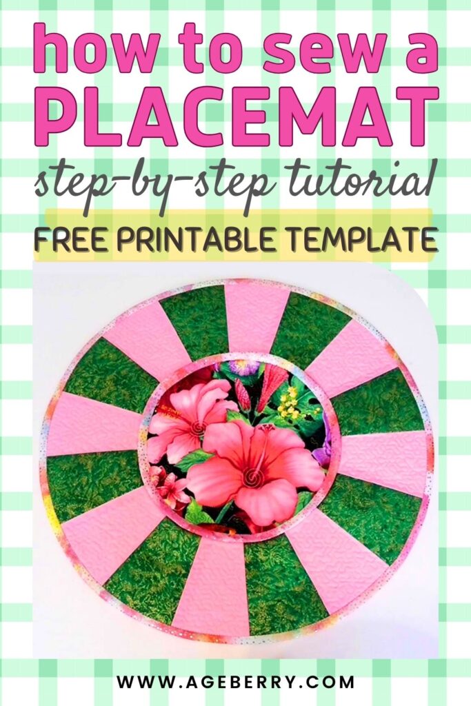 Round quilted placemat with alternating pink and green wedge sections and a floral hibiscus print center, displayed on a white background.