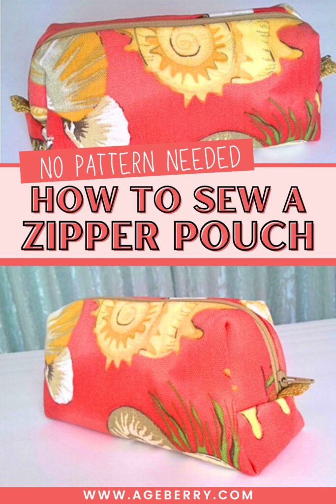 Handmade zipper pouch in bright coral fabric with a seashell and floral print, shown from two angles. The pouch is box-shaped with a top zipper and side fabric tabs.