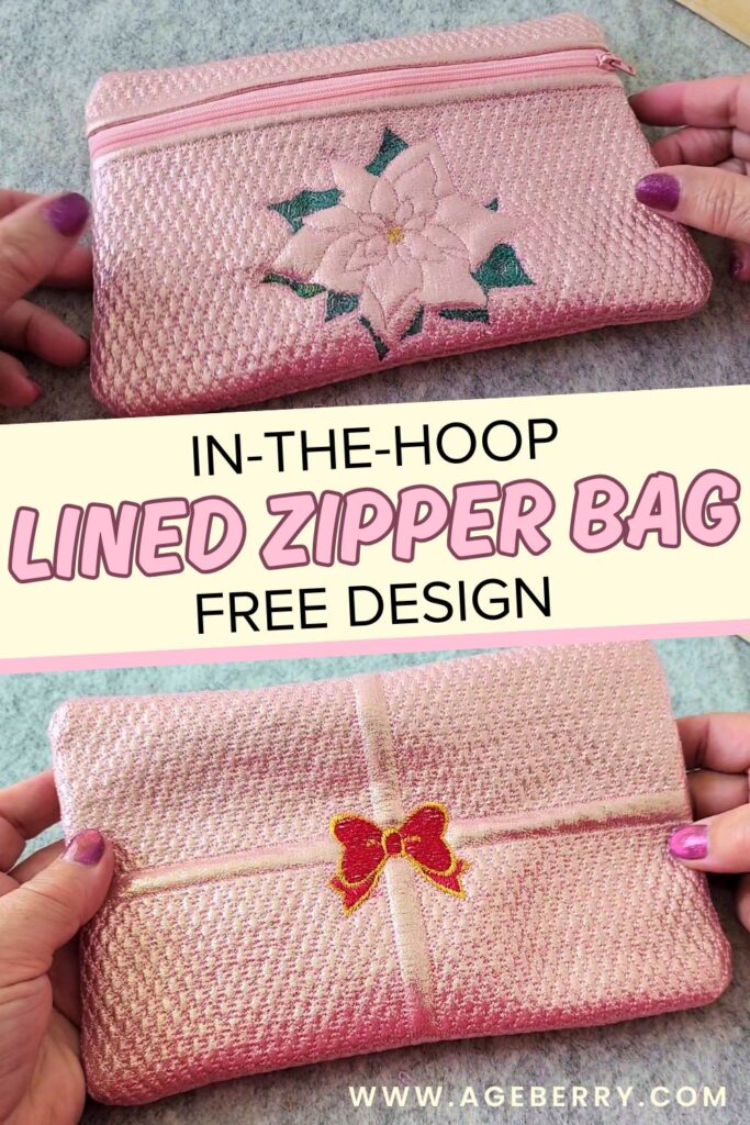 Pink in-the-hoop lined zipper bag with embroidery designs. The front features a stitched poinsettia flower, while the back shows a red bow embroidered across a ribbon-like design. Hands are holding the bag to show both sides.