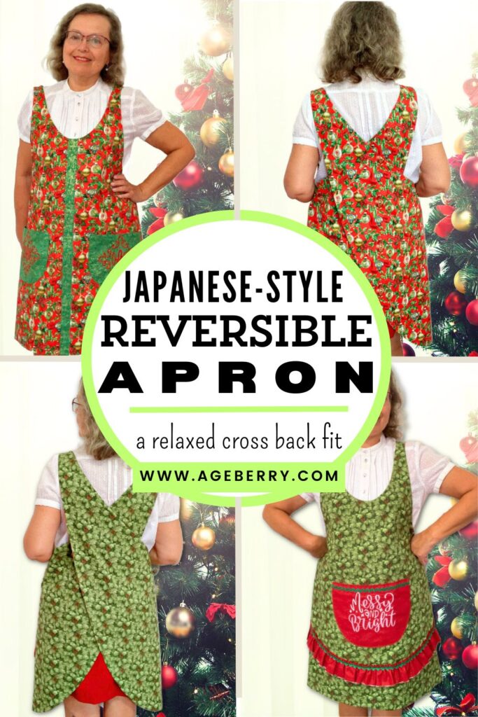 Japanese-style reversible apron with a relaxed cross-back fit, modeled in front and back views. One side features a red holiday print with green pockets, while the reverse side has a green festive fabric with a red pocket embroidered “Merry and Bright.” Christmas tree decor in the background highlights the seasonal sewing project.