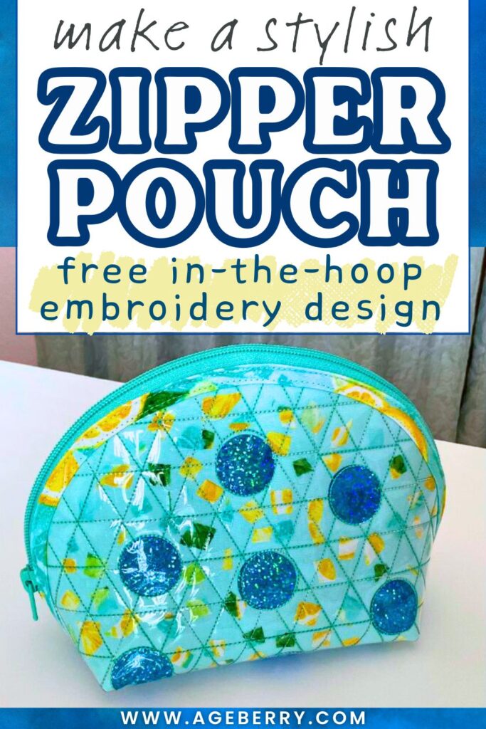 DIY stylish zipper pouch made with turquoise quilted fabric, decorated with shiny blue and yellow applique circles. The pouch has a curved top with a zipper closure.