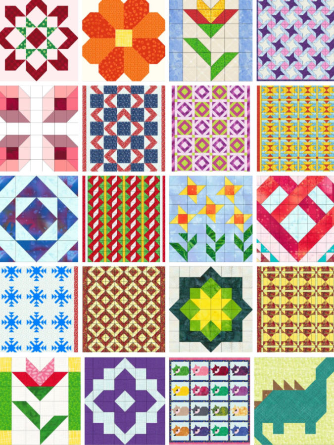 a collage of 20 quilt block images arranges in a puzzle-like setting