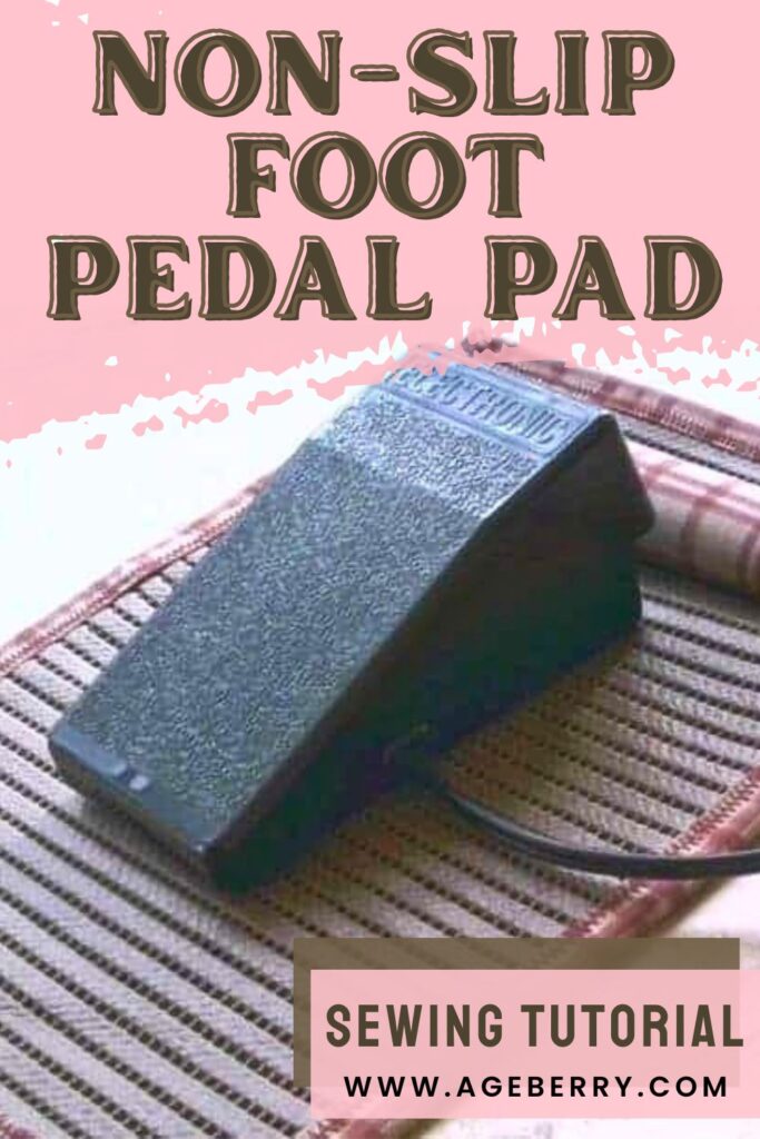 Close-up of a black sewing machine foot pedal resting on a handmade non-slip fabric pad with striped and plaid fabric layers.