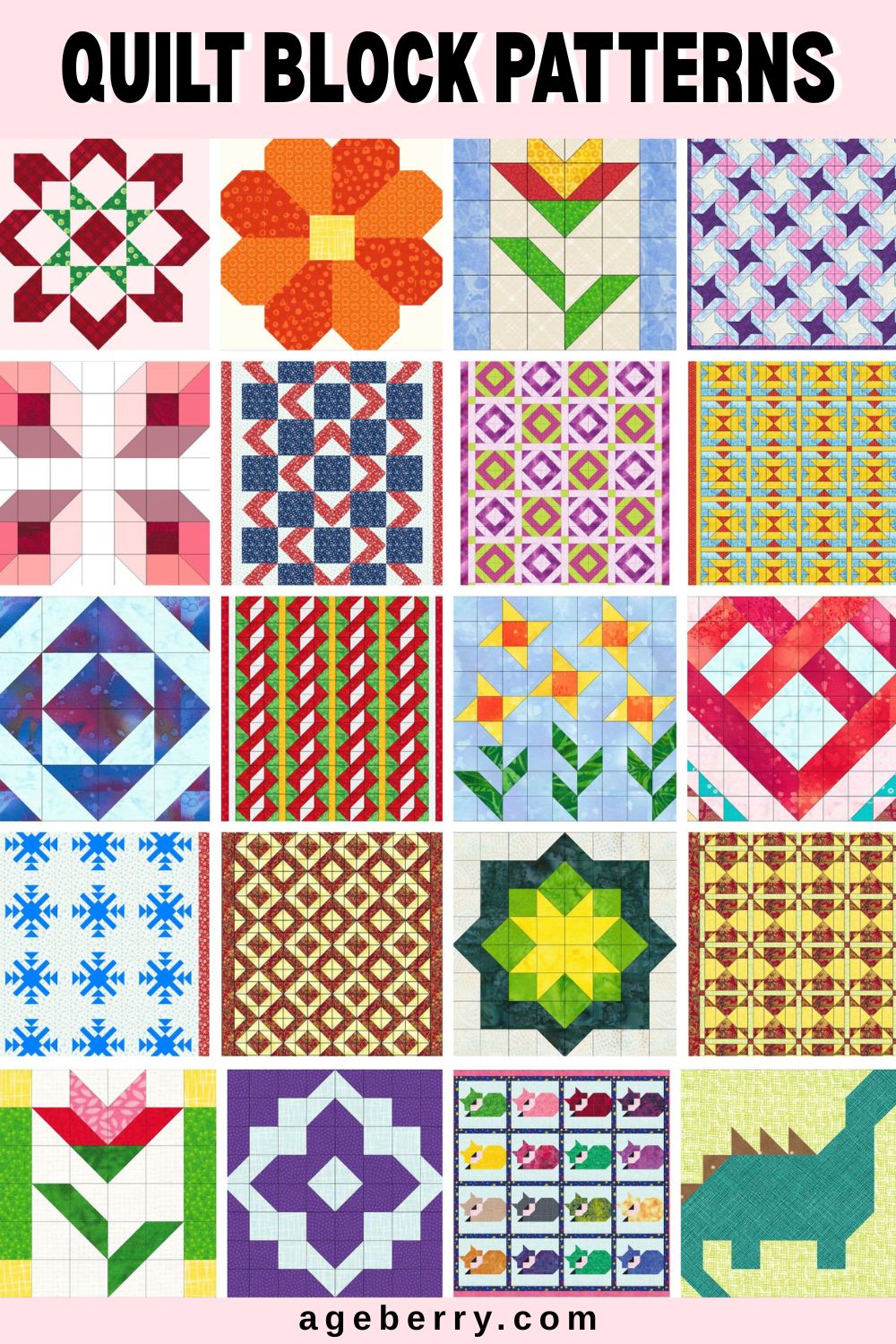 A collage of 20 colorful quilt block patterns designed in EQ8, featuring geometric, floral, and modern patchwork styles. The image includes patterns with stars, hearts, flowers, and abstract designs in bright fabrics. Text reads “Quilt Block Patterns – ageberry.com”