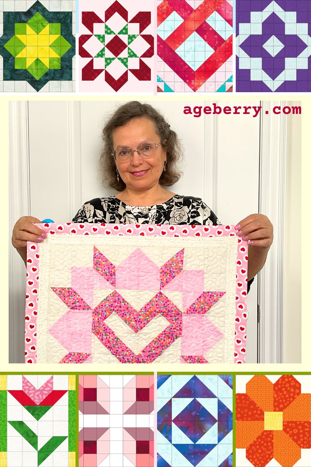 A woman holding a finished pink heart quilt block in front of a white wall, surrounded by smaller images of various quilt block designs in bright colors. The collage highlights EQ8 quilt block patterns from the Ageberry collection