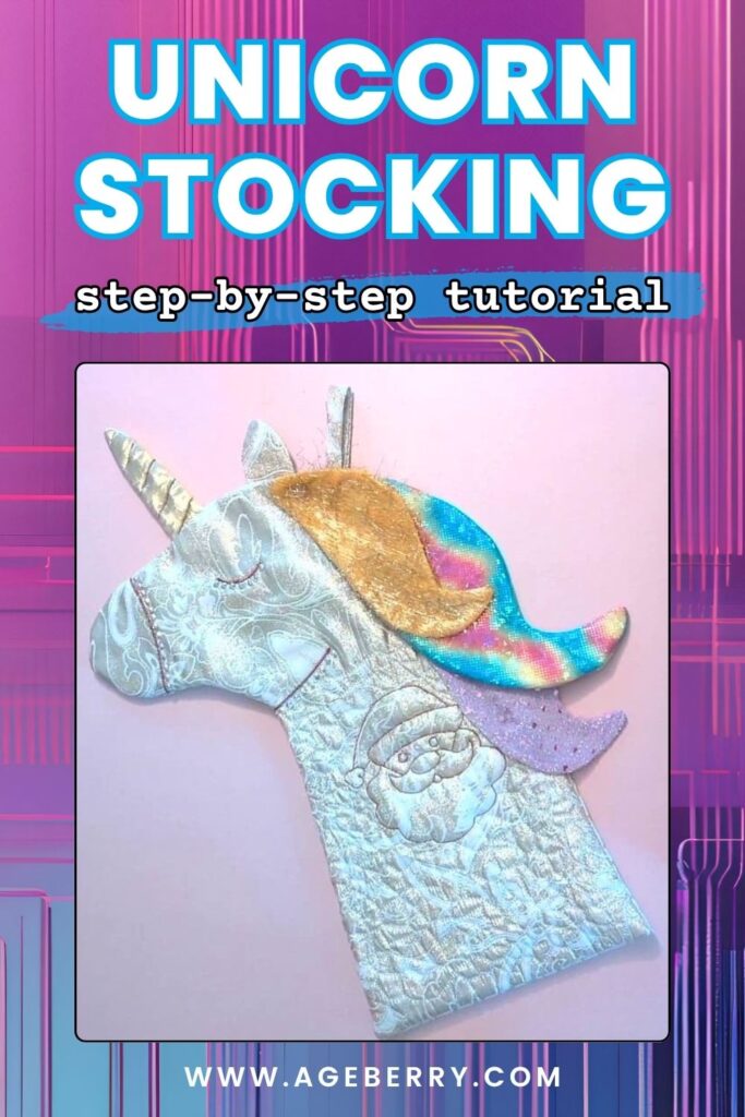 Quilted Christmas stocking shaped like a unicorn’s head, featuring a shiny gold horn, rainbow mane, and stitched Santa motif on the body.