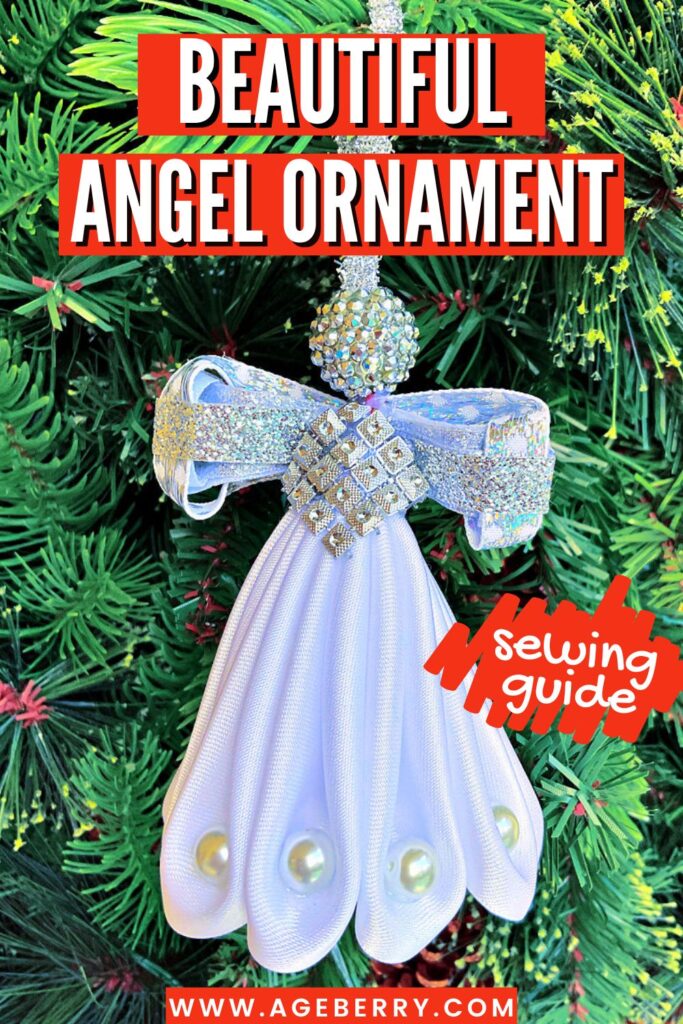 DIY angel ornament made from white fabric loops with pearl accents, sparkling silver ribbon wings, and a rhinestone-covered bead for the head. The ornament hangs on a Christmas tree.