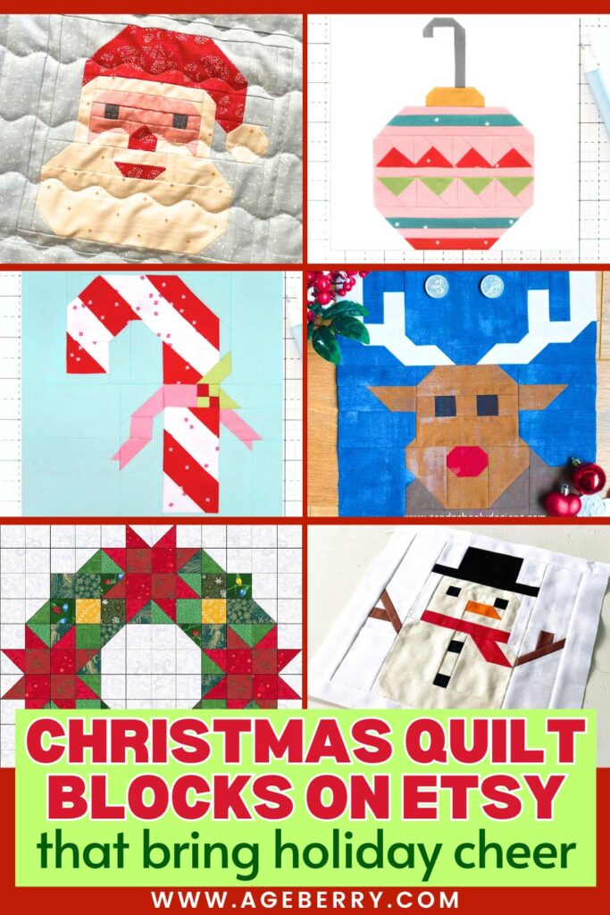 A collage of colorful Christmas-themed quilt blocks, including Santa Claus, a candy cane, a reindeer, a snowman, a wreath, and a holiday ornament block.