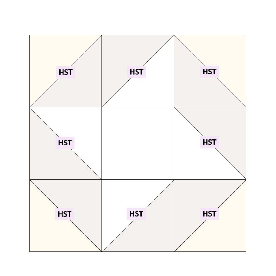 outline of a square 3x3 quilt block eight squares divided into two triangles and in each of the eight the text HST superimposed on the image to suggest that the square can be formed by using the half square triangles technique
