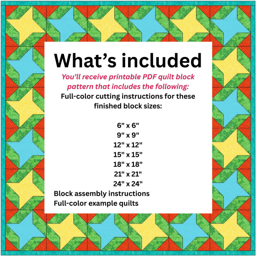 sample with image for a quilt block pattern showing what is included in the pdf document