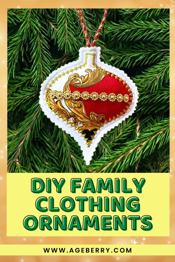 DIY fabric Christmas ornament made from repurposed family clothing, featuring an elegant red and gold baroque pattern trimmed with gold braid and white scalloped edges, hanging on a pine tree.