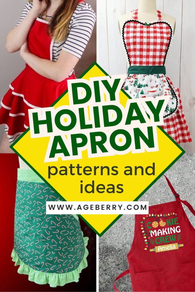 Collage of festive holiday aprons, including a red retro-style ruffled apron, a red-and-white gingham apron with a heart-shaped bib, a green half apron with candy cane print and ruffles, and a red “Cookie Making Crew” apron personalized with a name.