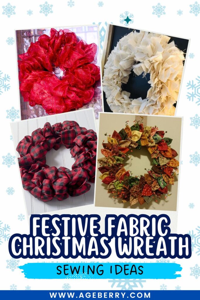 Collage of four handmade fabric Christmas wreaths, including a red mesh ruffle wreath, a cream shabby-chic rag wreath, a red-and-black plaid wreath, and a colorful quilted leaf-style wreath.