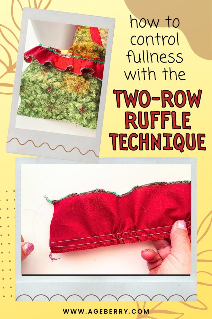 Close-up images showing how to sew even gathers using the two-row ruffle technique on red fabric trimmed with green thread. The top photo shows a ruffled red edge attached to pine-print fabric under a sewing machine.