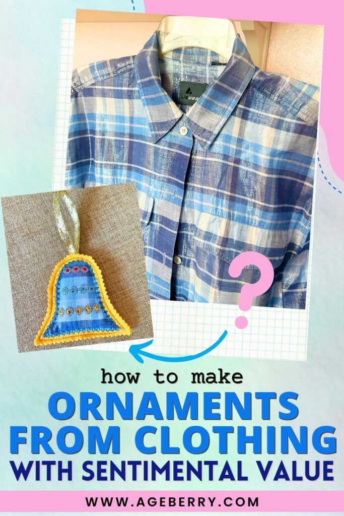 A blue plaid men’s shirt transformed into a handmade fabric bell ornament decorated with yellow trim and colorful embellishments.