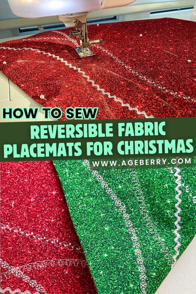 Close-up of a sewing machine stitching decorative lines on sparkly red fabric, part of a reversible Christmas placemat project. The reverse side shows matching green glitter fabric with festive decorative stitches.