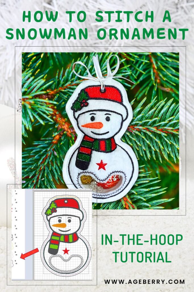 In-the-hoop embroidery project showing how to stitch a cheerful snowman ornament with a red hat, striped scarf, and clear pocket filled with tiny candies. The ornament hangs on a Christmas tree branch.