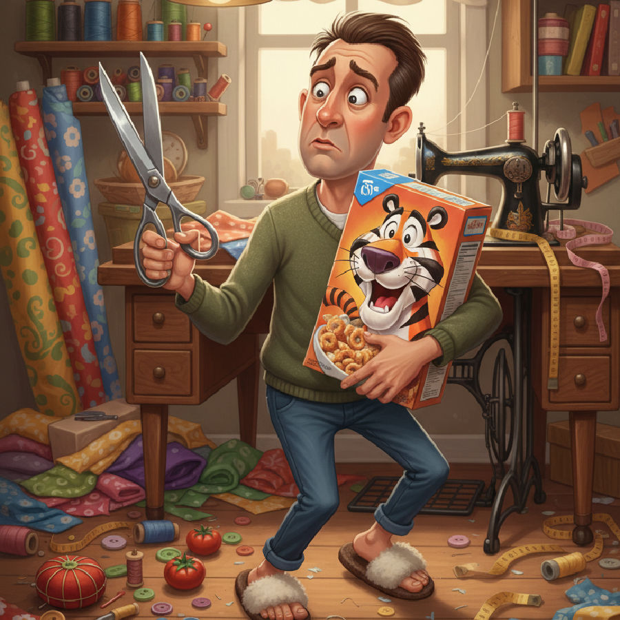 a cartook drawing of a man with an oversized pair of scissors in his hand and a box of cerreal preparting top use the scissors to open the box a sewing machine and sewing implements in the background