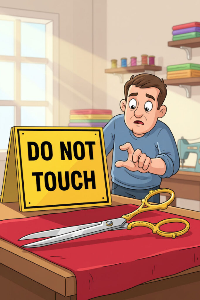 cartoon like drawing of a man looking at a pair of oversized scissors on a table with a big black on yellow sign reading "do not touch"