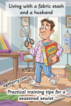 Funny illustration of a man in pajamas and bunny slippers holding a cereal box and a pair of scissors inside a sewing room filled with fabrics and thread. Text says: “Living with a fabric stash and a husband — practical training tips for a seasoned sewist.” A humorous sewing post about marriage, fabric stashes, and sewing life