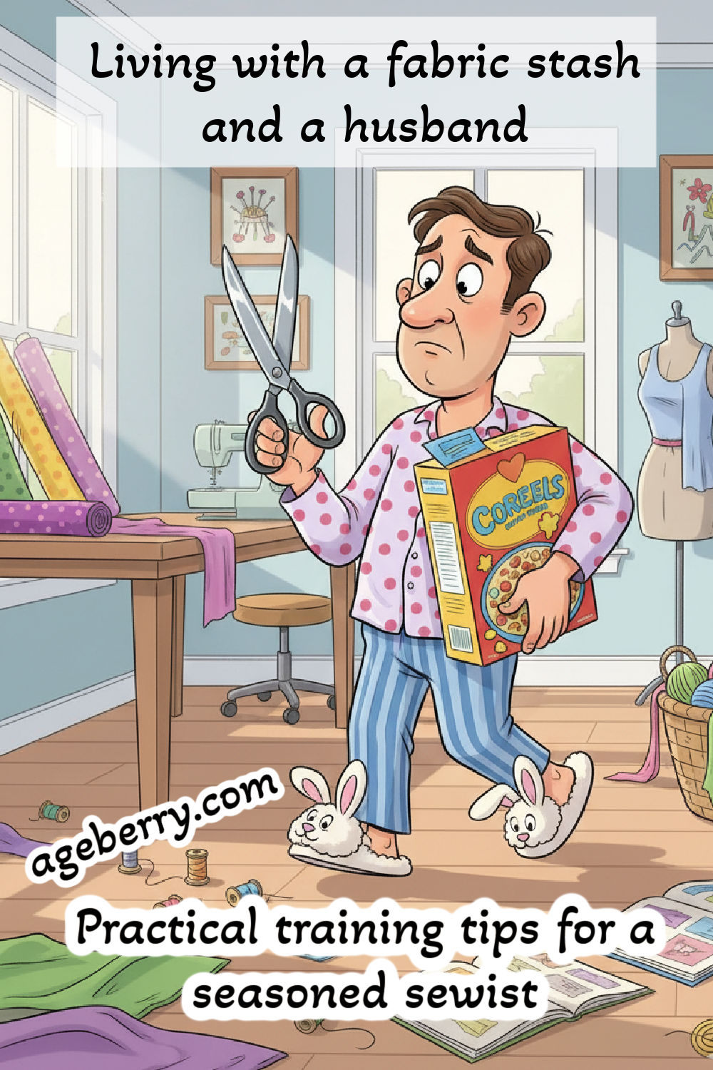 Funny illustration of a man in pajamas and bunny slippers holding a cereal box and a pair of scissors inside a sewing room filled with fabrics and thread. Text says: “Living with a fabric stash and a husband — practical training tips for a seasoned sewist.” A humorous sewing post about marriage, fabric stashes, and sewing life