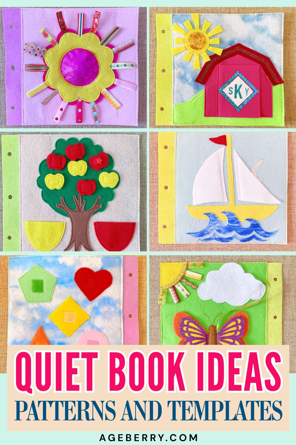 Quiet book ideas for toddlers featuring felt activity pages — sun and barn cover, apple tree, sailboat, butterfly, and shape matching pages. Easy sewing project with printable patterns and templates