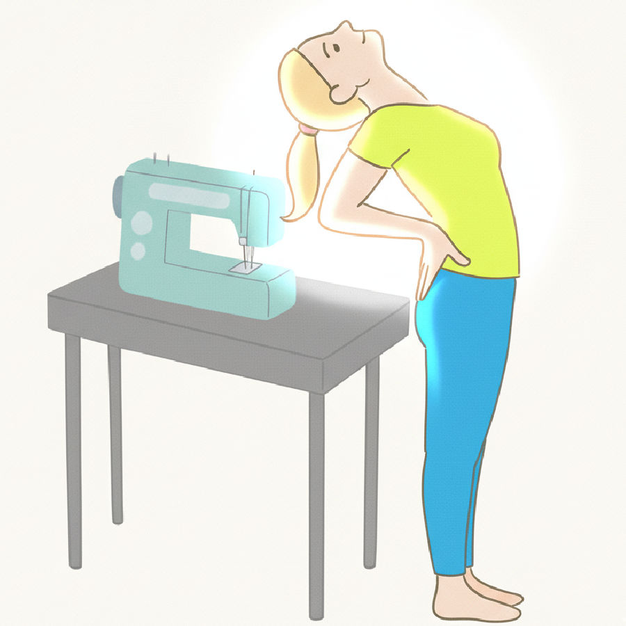 a cartoon image of a woman stretching her back near a table with a sewing machine on it