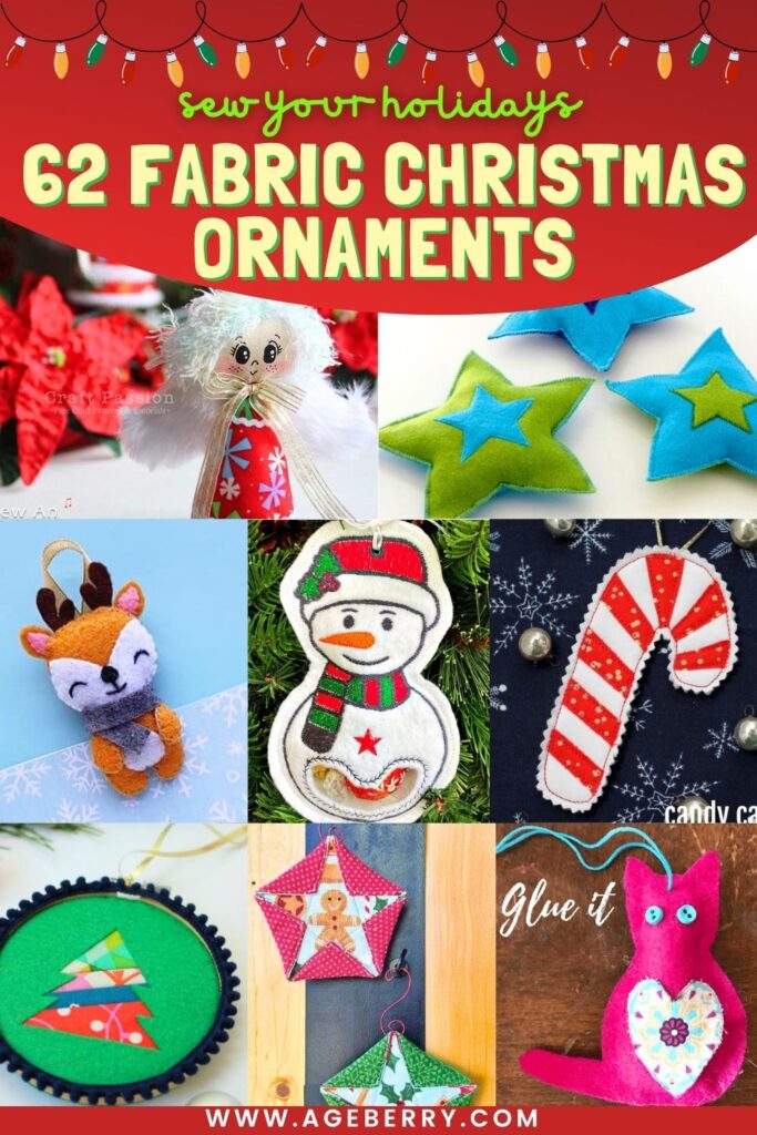Collage of colorful handmade fabric Christmas ornaments including a felt angel doll, stuffed stars, reindeer, snowman, candy cane, Christmas tree, patchwork stars, and pink cat with a heart.