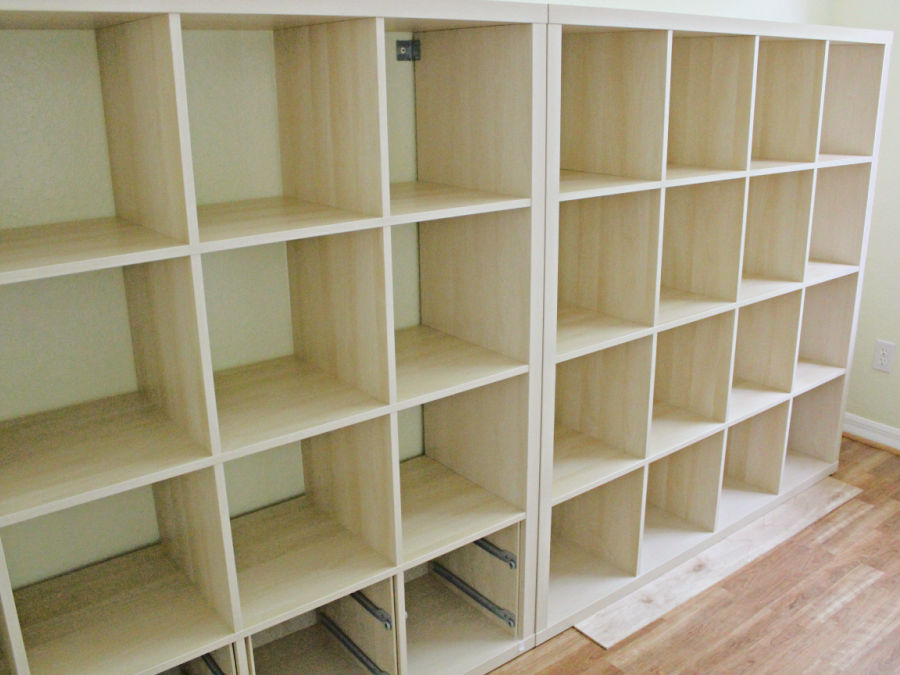 two large Ikea Kallax units after assembly