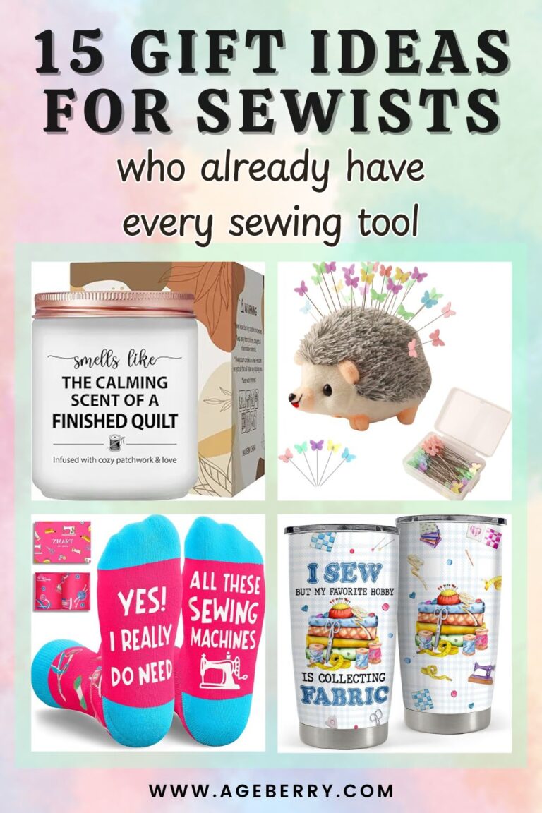 Collage showing creative and funny gift ideas for sewists who already have every sewing tool. Includes a quilt-scented candle, hedgehog pincushion, bright sewing socks, and a tumbler printed with fabric-themed designs. Text reads: ‘15 Gift Ideas for Sewists Who Already Have Every Sewing Tool.’ Ideal for Christmas gifts for sewers and sewing lovers