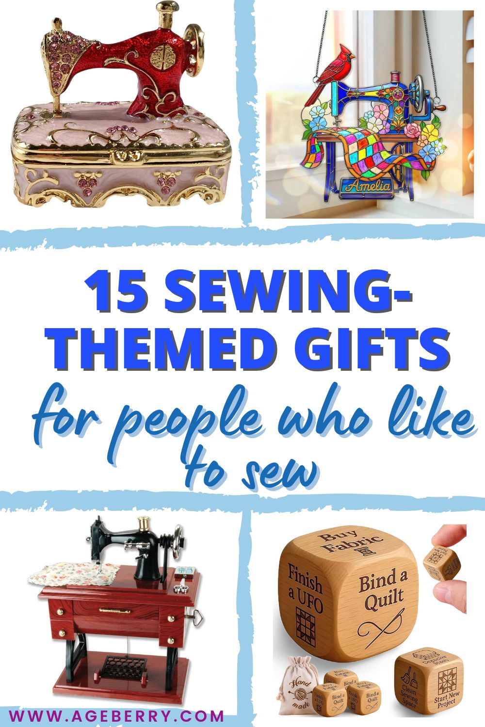 Collage of unique sewing-themed gifts for people who like to sew. Features decorative sewing machine collectibles, a colorful stained-glass sewing ornament, a mini vintage sewing machine model, and engraved quilting dice. Text reads: ‘15 Sewing-Themed Gifts for People Who Like to Sew.’ Perfect for gift ideas for sewers, quilters, and seamstress collectibles