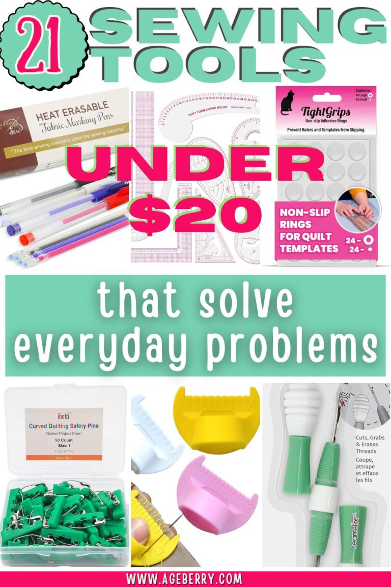 Collage of sewing gadgets and notions with text “21 Sewing Tools Under $20 that solve everyday problems.” Features heat erasable fabric marking pens, curved safety pins, seam rippers, non-slip ruler grips, and measuring tools for sewing. A guide to basic sewing tools and budget-friendly sewing equipment for quilters and sewists