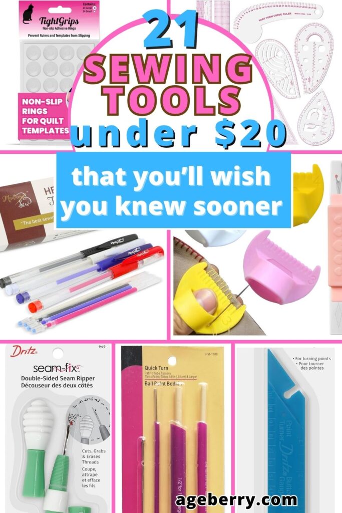 Collage of budget-friendly sewing supplies with the title “21 Sewing Tools Under $20 that you’ll wish you knew sooner.” Includes fabric marking pens, seam rippers, non-slip ruler grips, tube turners, and sewing rulers tools. Perfect for beginners looking for sewing essentials and affordable sewing gadgets.