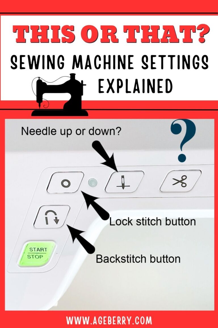 Pinterest graphic with bold red and white design titled “This or That? Sewing Machine Settings Explained,” featuring a sewing machine icon. Below, a sewing machine control panel is labeled with arrows pointing to needle up/down, lock stitch, and backstitch buttons