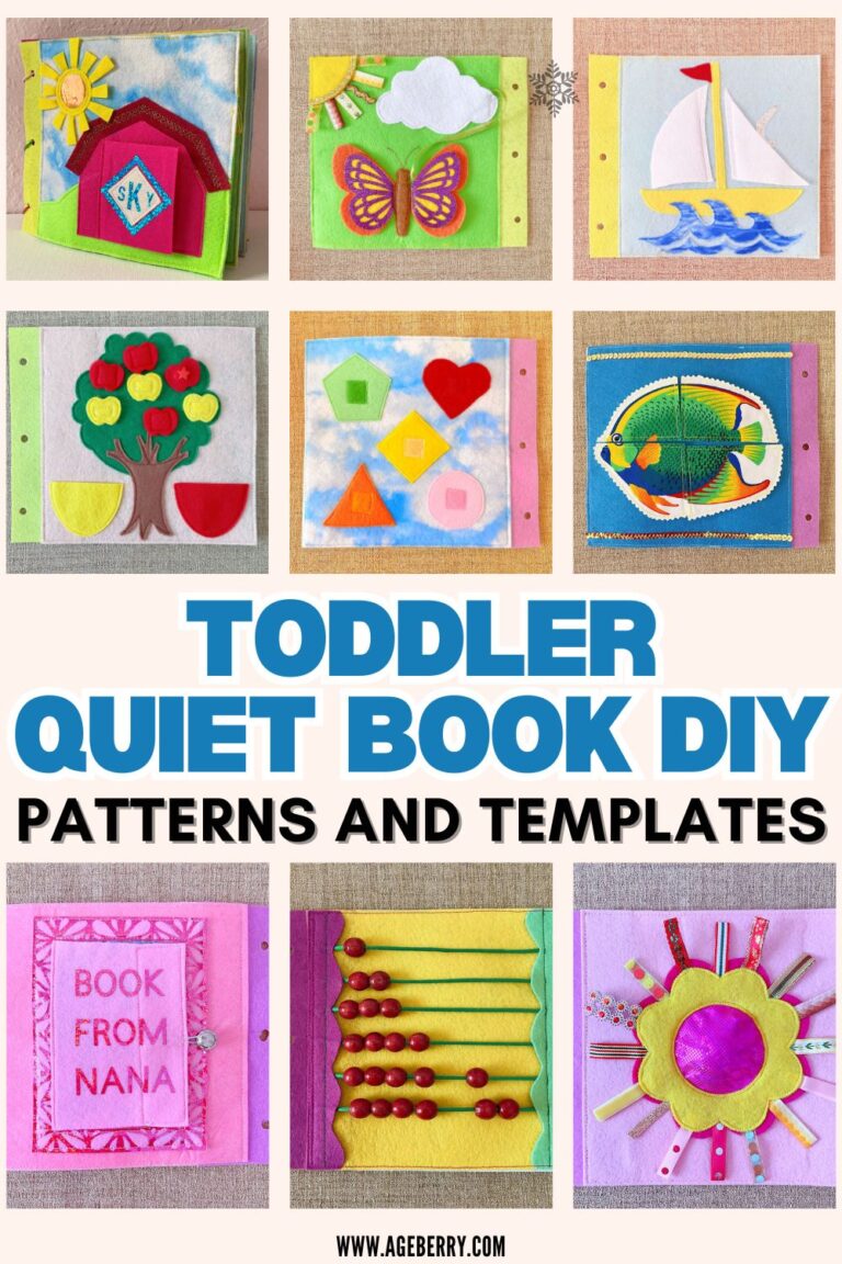 DIY toddler quiet book with colorful felt pages — barn cover with monogram, butterfly, sailboat, apple tree, shapes, fish puzzle, abacus, sun ribbon page, and ‘Book from Nana’ page. Includes sewing patterns and templates