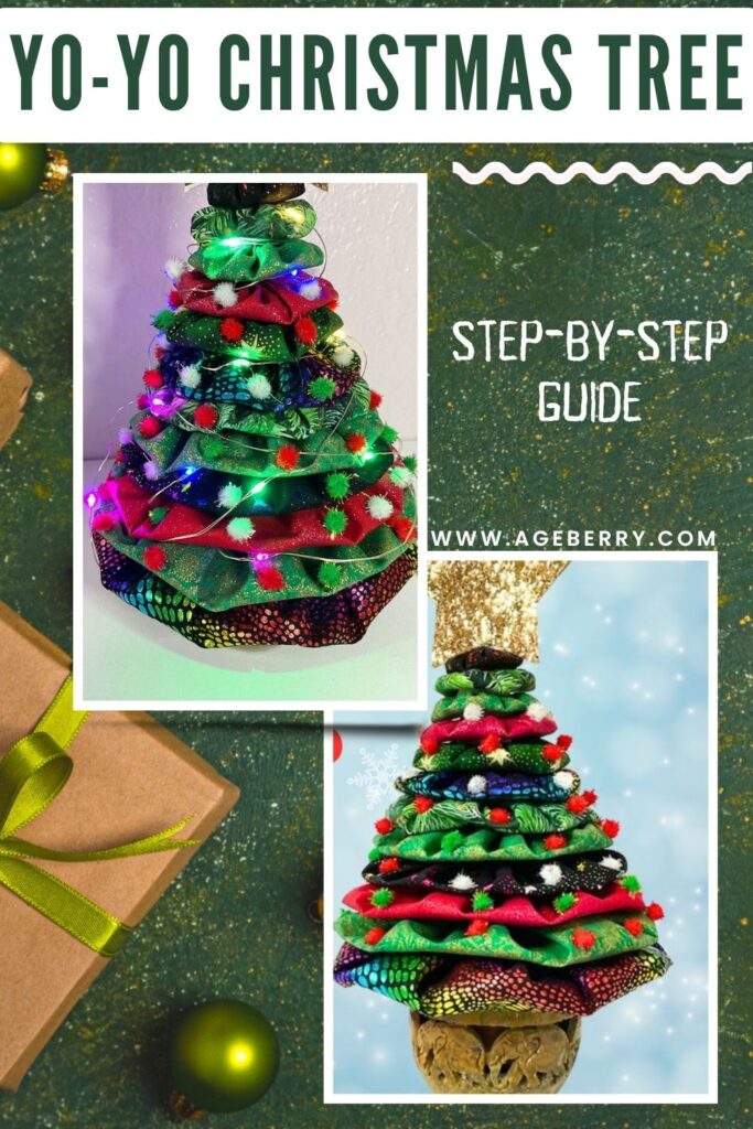 Handmade Yo-Yo Christmas tree made from layered circles of colorful fabric—green, red, and metallic prints—decorated with pom-poms, LED string lights, and a gold star topper.