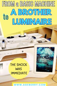 Photo of a Brother Luminaire sewing and embroidery machine with a bright screen, used as the “after” image in a sewing machine upgrade comparison. Text overlay says “From a Basic Machine to a Brother Luminaire — The Shock Was Immediate.”