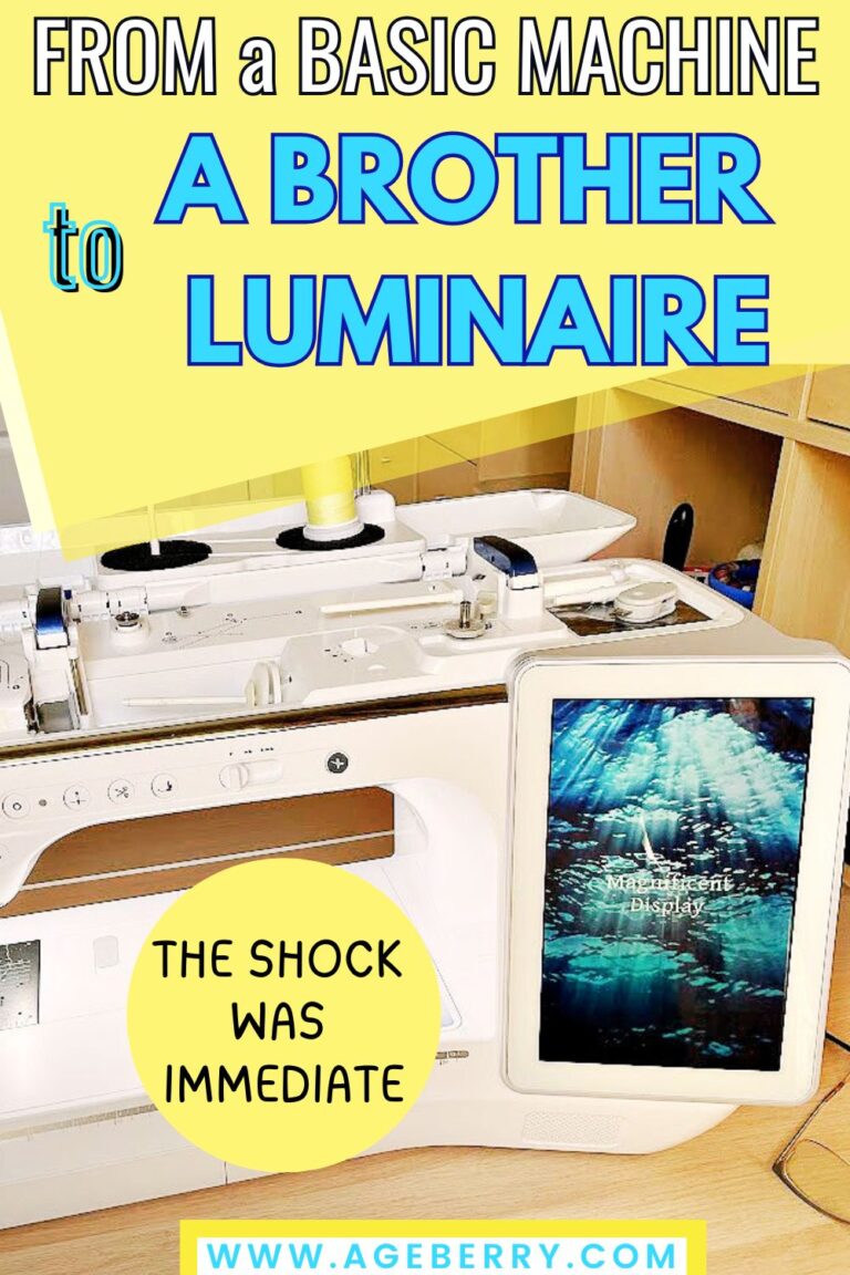 Photo of a Brother Luminaire sewing and embroidery machine with a bright screen, used as the “after” image in a sewing machine upgrade comparison. Text overlay says “From a Basic Machine to a Brother Luminaire — The Shock Was Immediate.”