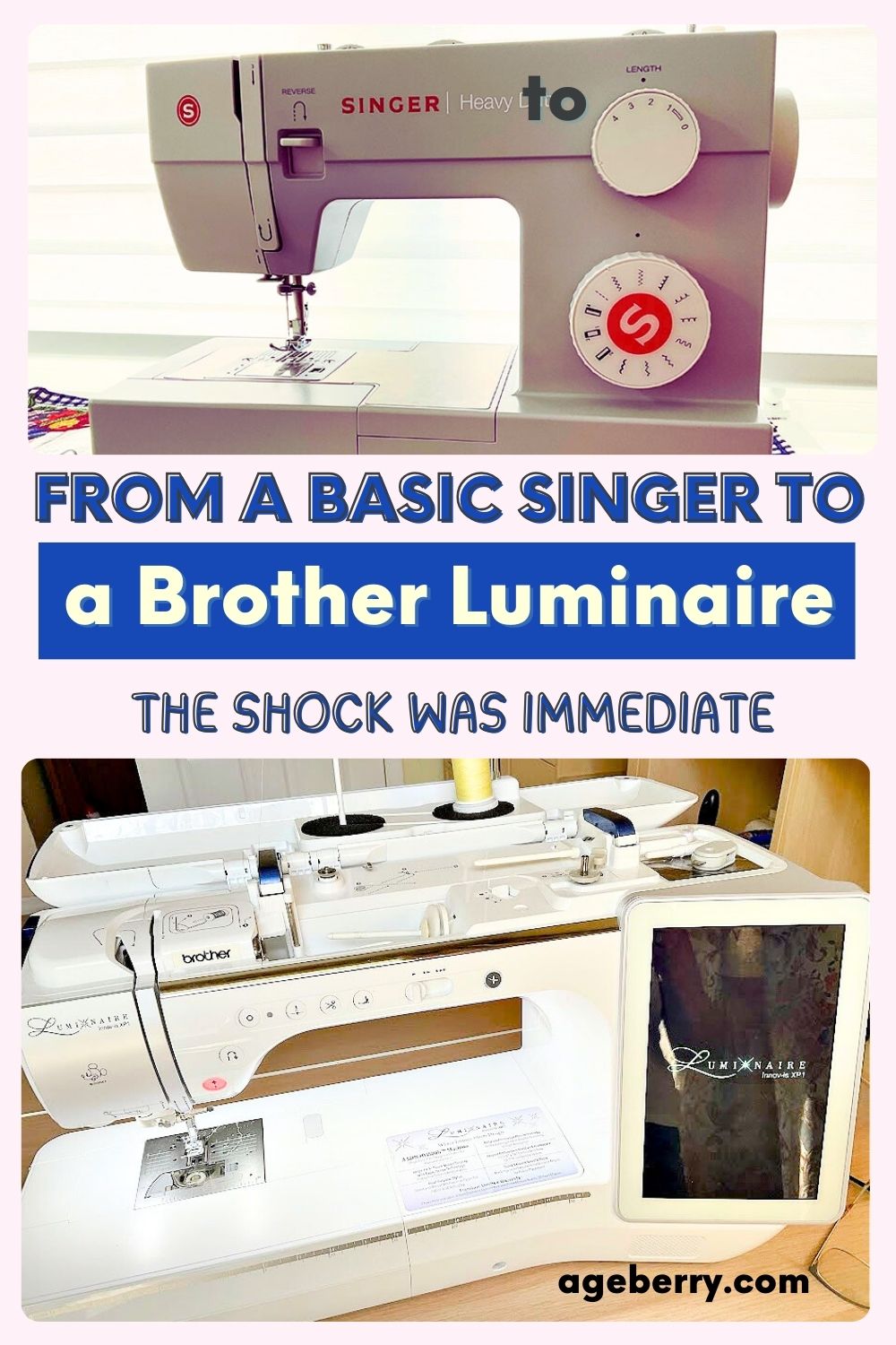 Side-by-side photo of a basic Singer Heavy Duty mechanical sewing machine and a Brother Luminaire, used to show the dramatic difference between a simple machine and a high-end computerized model. The text overlay reads “From a Basic Singer to a Brother Luminaire — The Shock Was Immediate.”