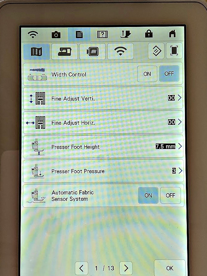 screenshot of the brother luminaire sewing and embroidery machine showing some settings including the setting for the automatic fabric sensor which allows the automatic setting of the presser foot pressure