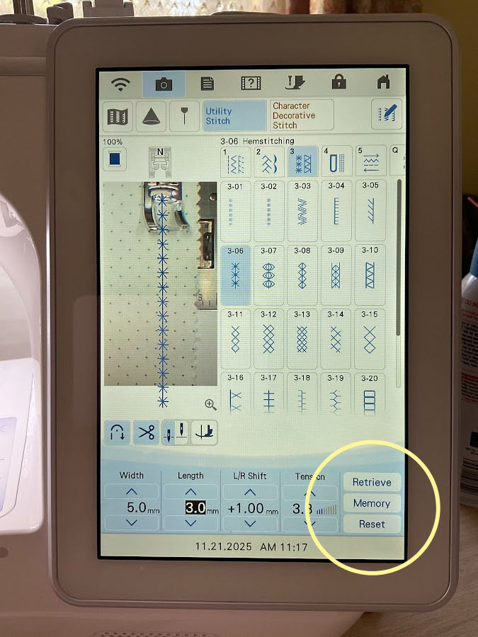 screenshot of the brother luminaire sewing and embroidery machine showing the memory function