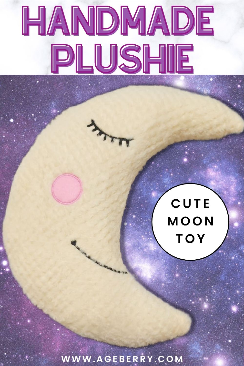 Plush crescent moon toy sewing project shown on a dreamy night-sky background. The cream plushie moon has closed eyes, a stitched smile, and a pink felt cheek, perfect for a handmade plushie tutorial.