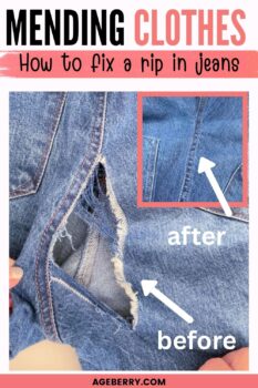 Before-and-after photo of jeans mending showing how to fix a rip in denim. The image highlights the torn area labeled “before” and the repaired section labeled “after.” Tutorial on invisible mending stitches and how to repair holes in jeans by hand or with a sewing machine