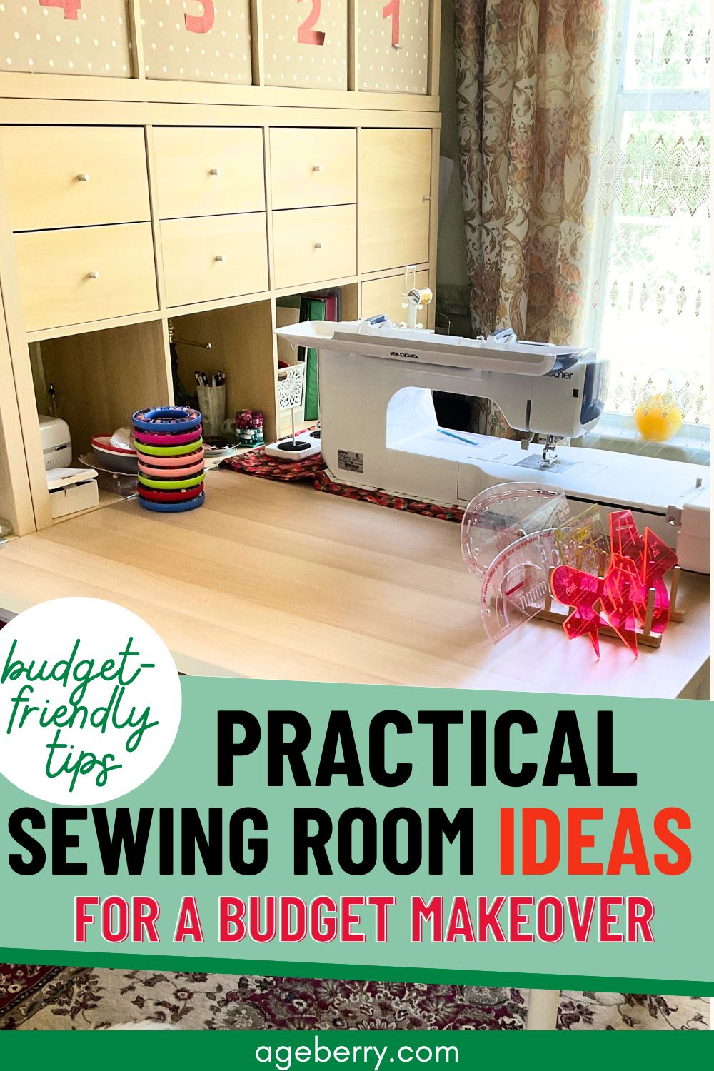 A bright sewing room with a light wood storage wall, labeled fabric bins, and a large sewing table with a Brother machine. Colorful organizers and clear quilting rulers sit on the desk, showing practical sewing room ideas for a budget makeover. The space highlights simple organizing solutions, natural light, and a clean DIY sewing setup