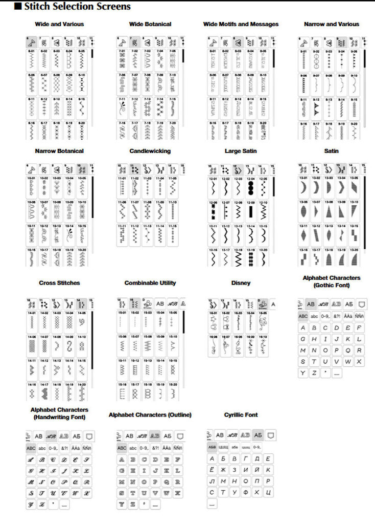 a list of decorative stitches of the brother luminaire sewing and embroidery machine