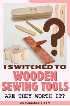 Wooden sewing tools such as a tailor’s clapper, point turner, and rulers displayed on a sewing table with a large question mark graphic. Text overlay says “I Switched to Wooden Sewing Tools – Are They Worth It?” The image links to a post comparing wooden and plastic sewing tools.