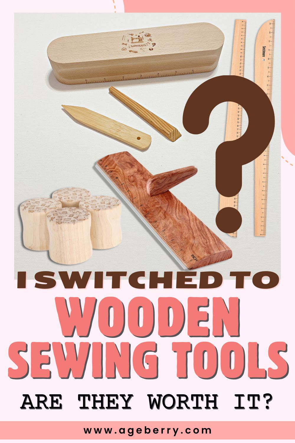 Wooden sewing tools such as a tailor’s clapper, point turner, and rulers displayed on a sewing table with a large question mark graphic. Text overlay says “I Switched to Wooden Sewing Tools – Are They Worth It?” The image links to a post comparing wooden and plastic sewing tools.