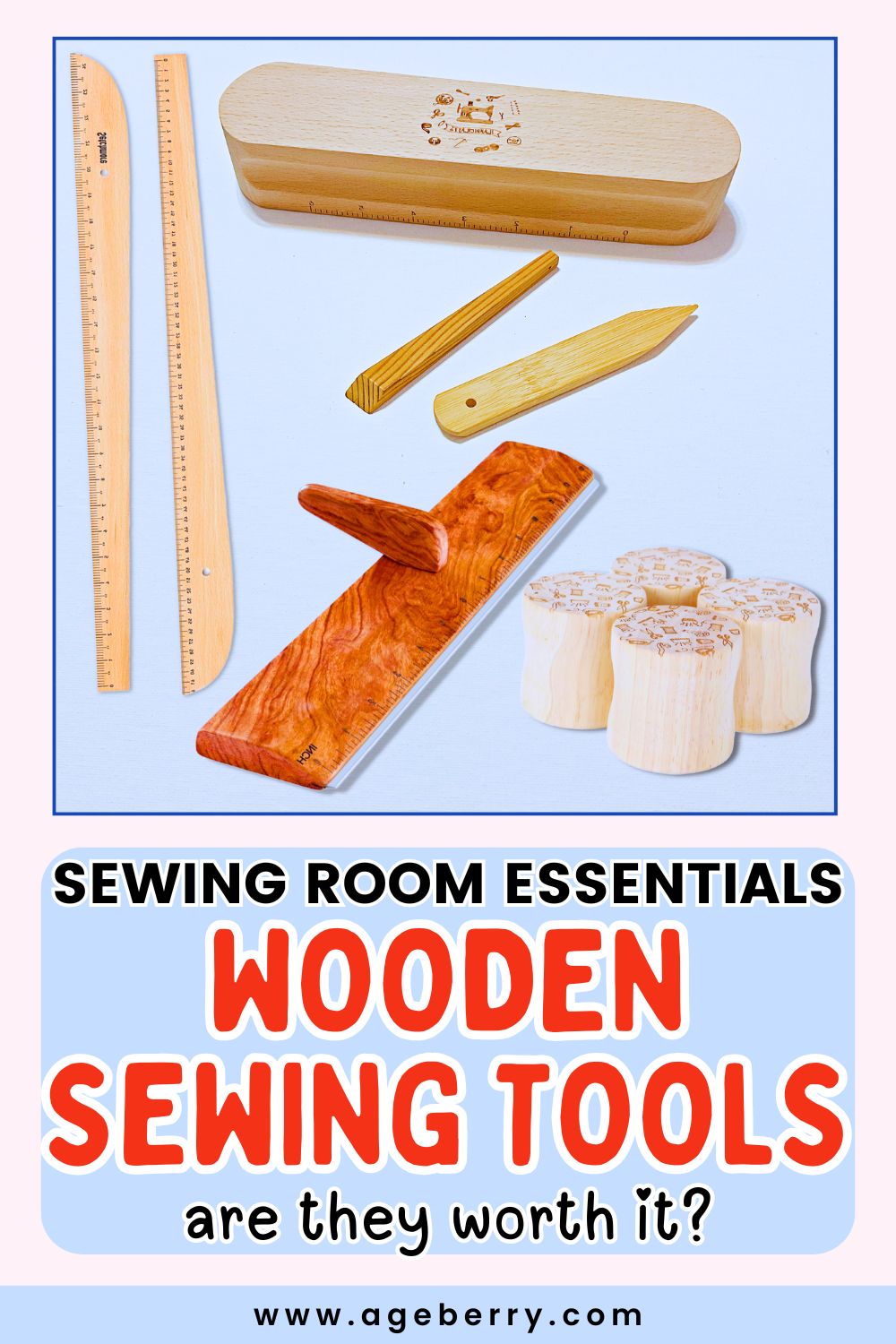 A flat lay of wooden sewing tools including a clapper, rulers, and pattern weights on a neutral background. Text overlay reads “Sewing Room Essentials – Wooden Sewing Tools: Are They Worth It?” The image promotes an article about using wooden sewing tools instead of plastic in the sewing room.